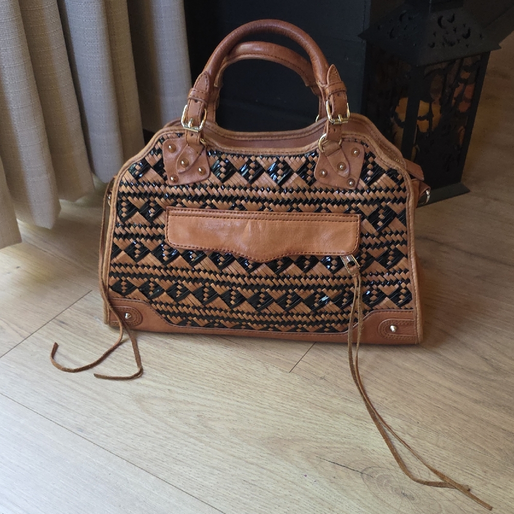Rebecca Minkoff Buttery Leather Tan and Black‎ Woven Satchel